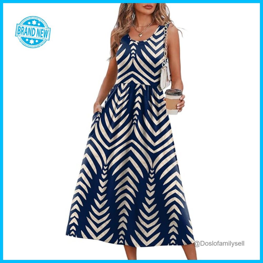 Flowy Midi Dress Casual Boho Chic A-Line Summer Vacation Sundress With Pockets